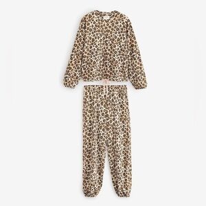 Love University Leopard Print Lounge Set Cropped Bubble Top Elastic Band Ankle